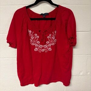 Tommy Hilfiger Women’s Red Blouse with White Floral Embroidery Size XL